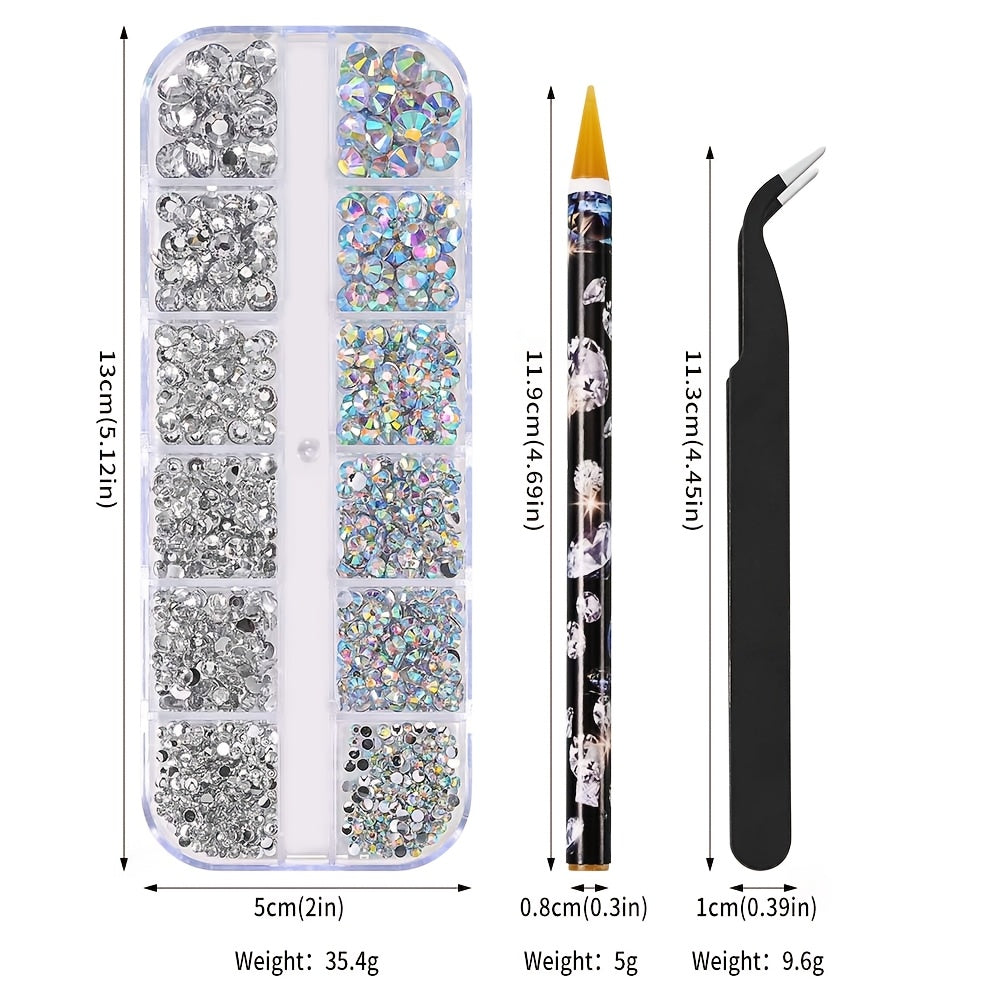 Multi-Size Flatback AB Nail Art Rhinestones Kit – Crystal Pearls & Gemstones for DIY Nails, Shoes, Clothes, Makeup & Bags – Includes Tweezer & Pen (SS4–SS16)